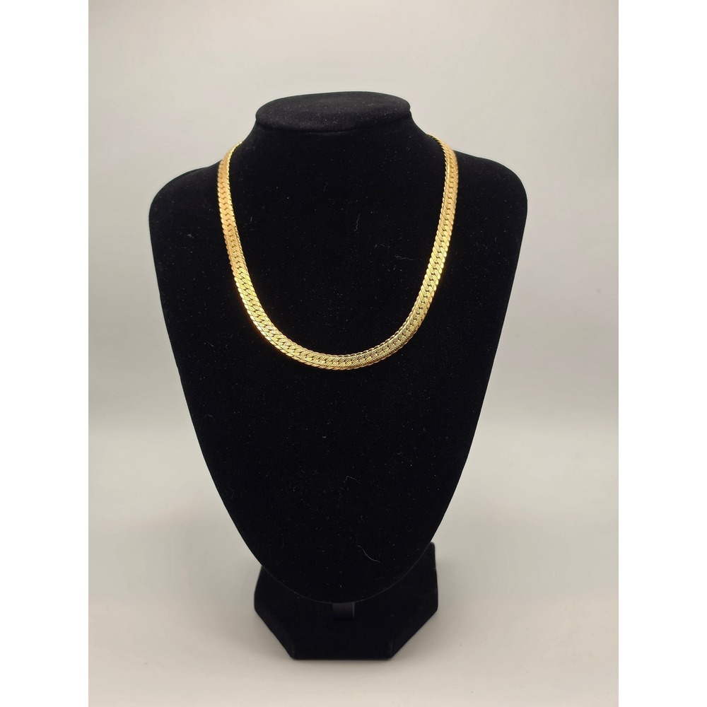 Monet‎ Vintage Gold Tone Textured Flat Herringbone Chain Necklace 16 Inch